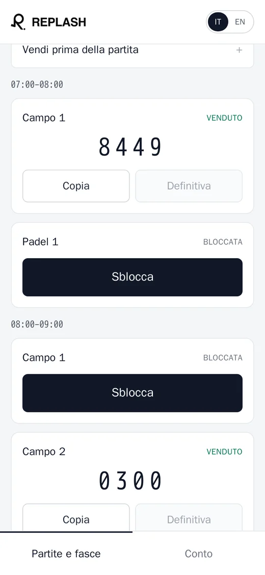 Pannello del centro su telefono: schede grandi con pulsante Sblocca